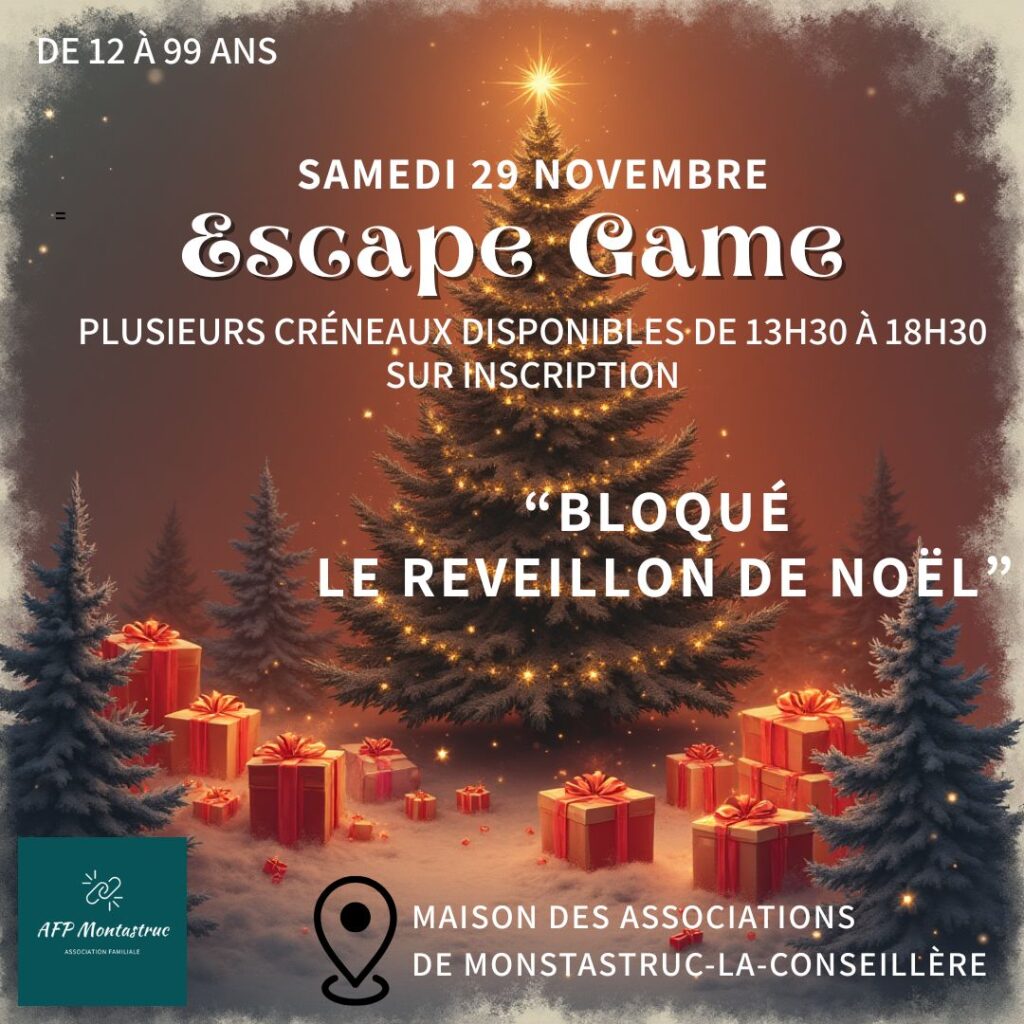 Noël en Coteaux du Girou : Affiche fond ciel sombre et éclairé par des lumières sur le thème de noël ( sapins, cadeaux, flocons de neige encadrant l'image et neige sur le sol....). Ecriture reprenant l'ensemble des informations sur l'escape game de noël à Montastruc-la-Conseillère.